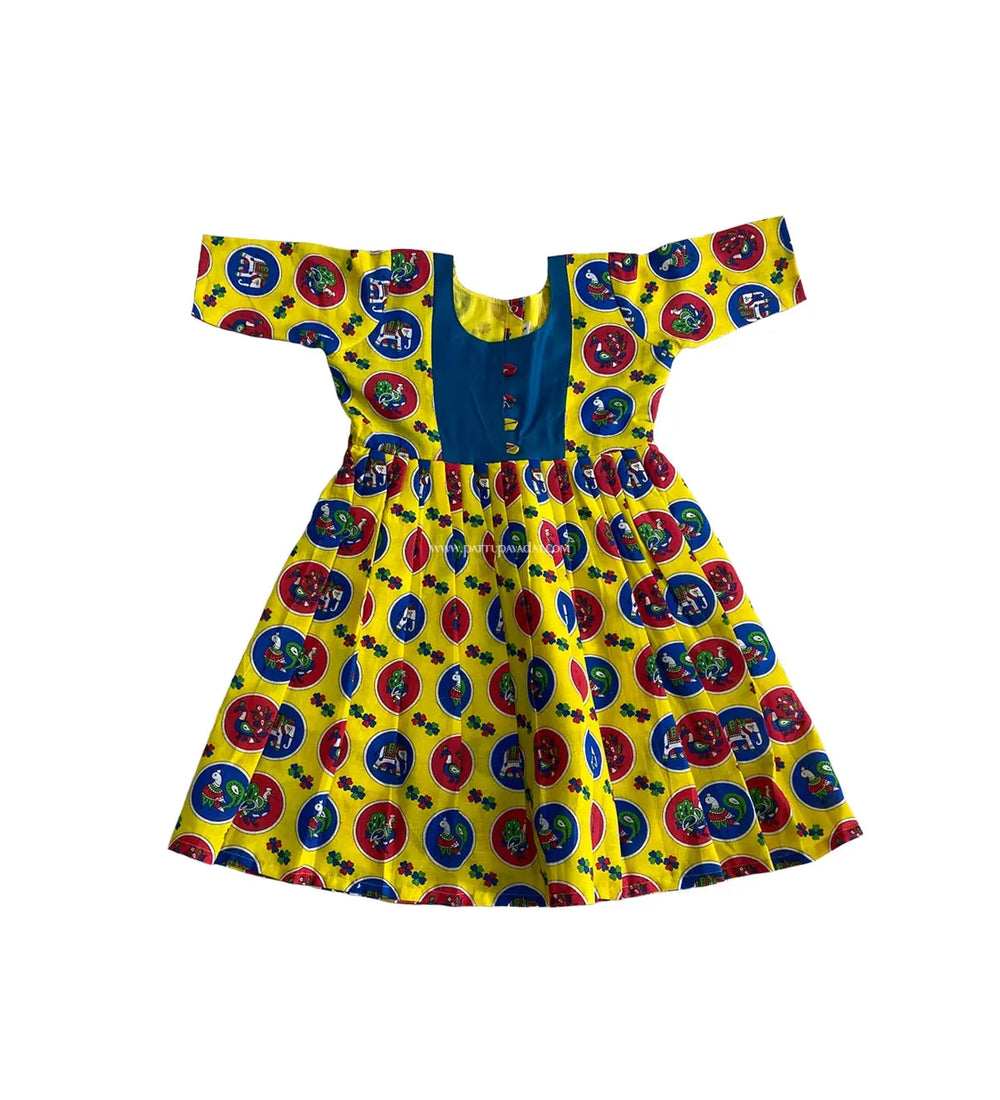 Kids Long Gown Yellow and Blue - Pattupavadai.com