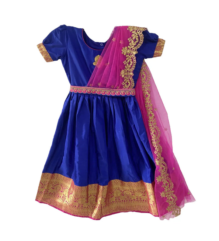 Kids Pattu Long Gown Blue and Pink - Pattupavadai.com