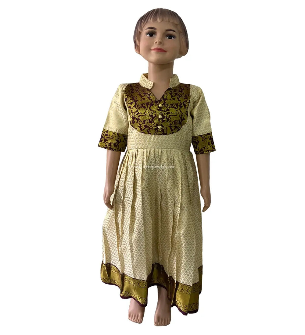 Kids Pattu Long Gown Brown and Cream - Pattupavadai.com