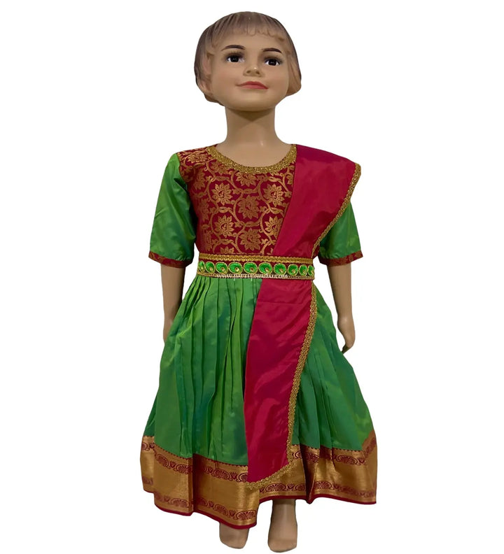 Kids Pattu Long Gown Green and Red - Pattupavadai.com