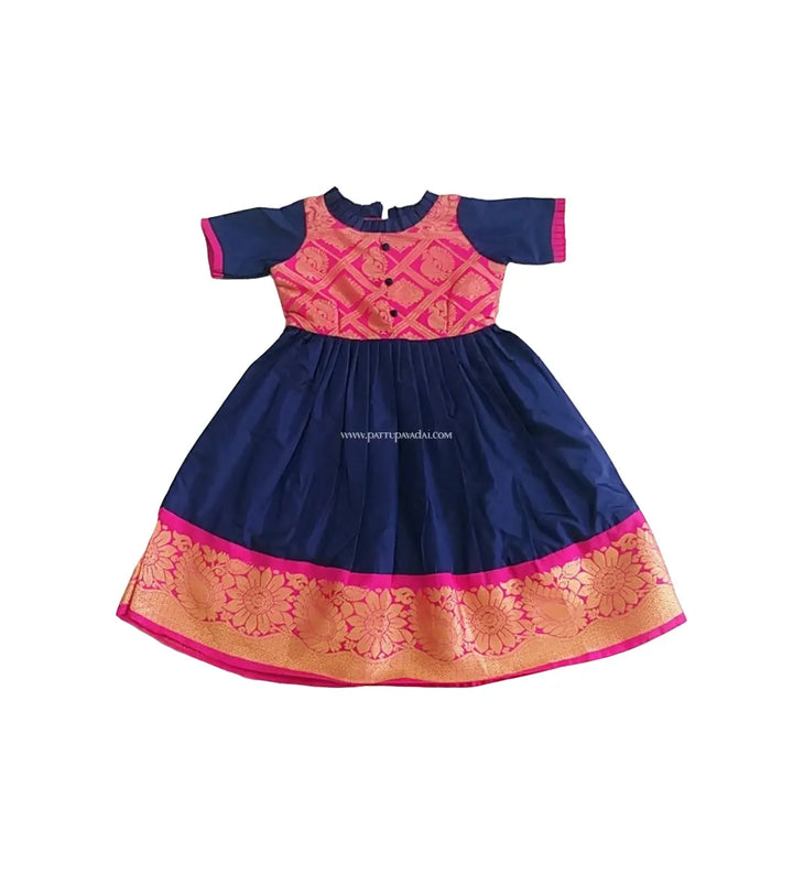 Kids Pattu Long Gown Navy Blue - Pattupavadai.com