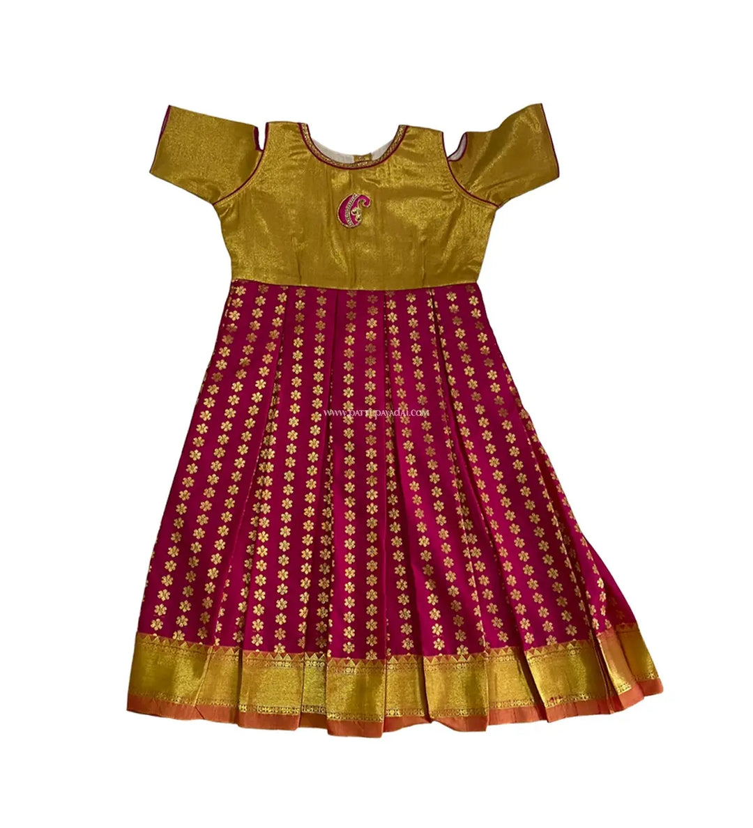 Kids Pattu Long Gown Pink and Golden - Pattupavadai.com