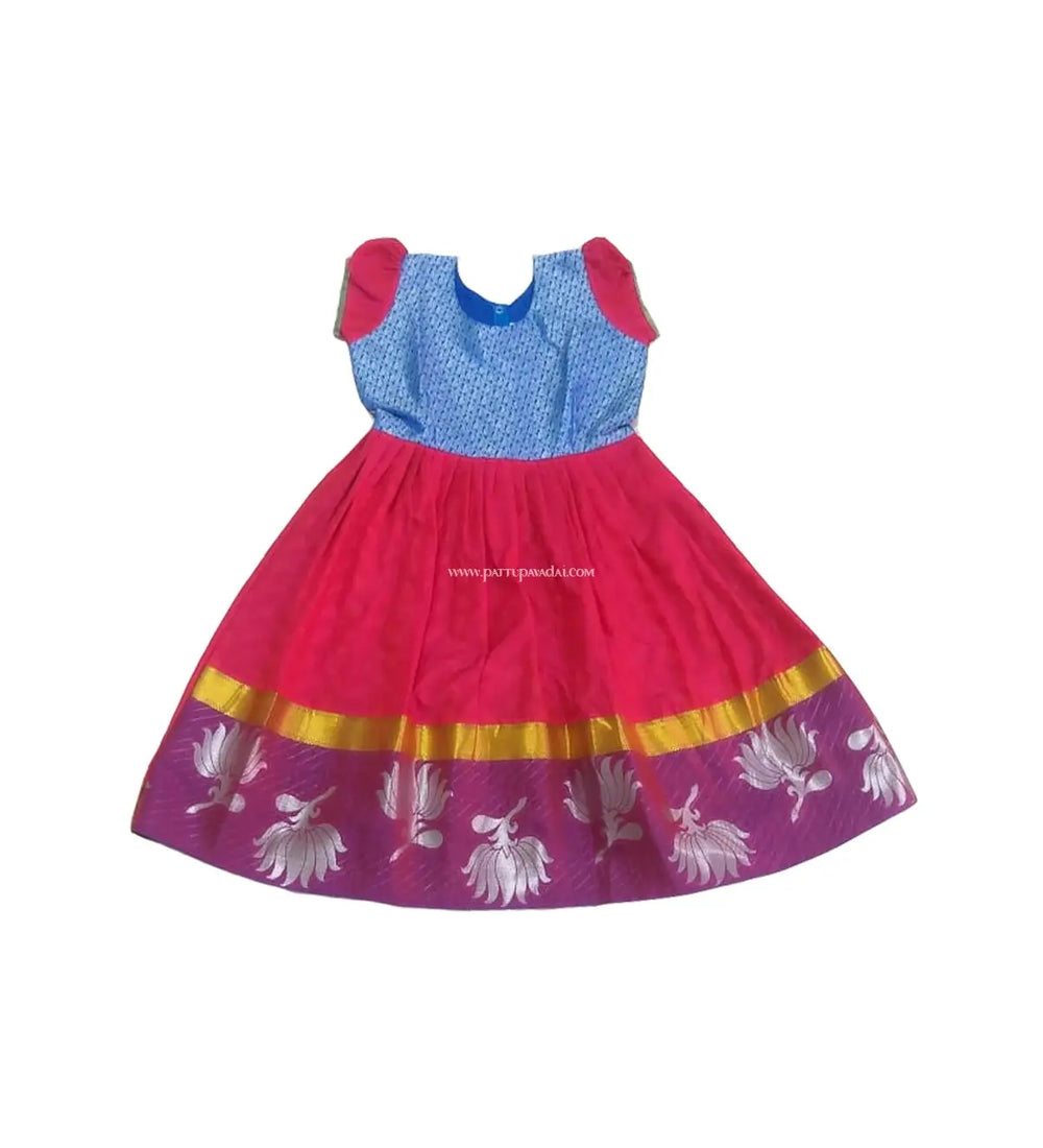 Kids Pattu Long Gown Red and Blue - Pattupavadai.com