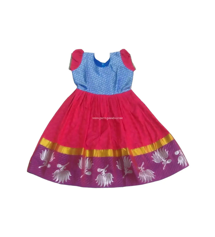 Kids Pattu Long Gown Red and Blue - Pattupavadai.com