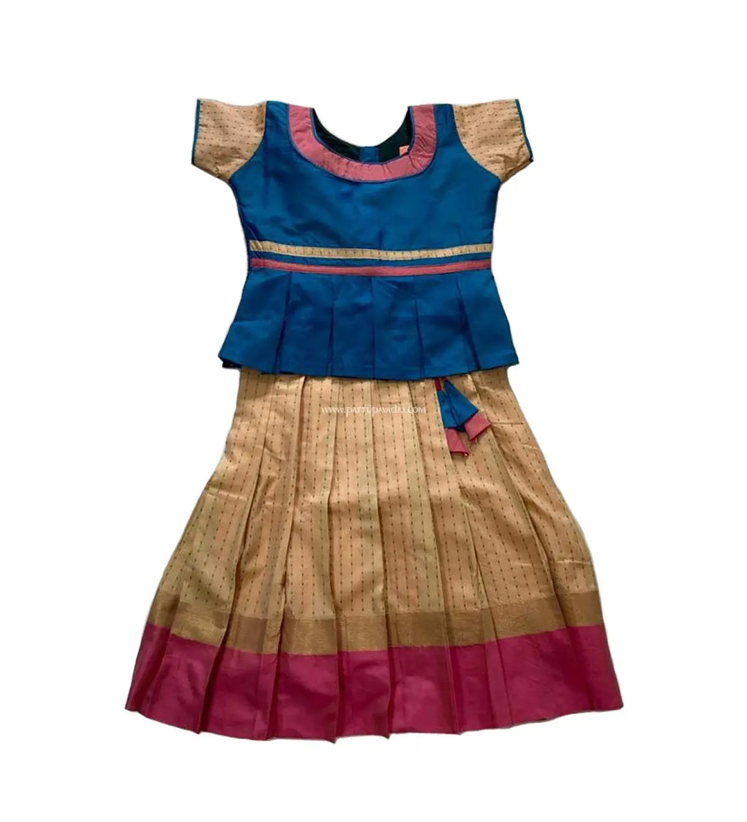 Kids Pattu Pavadai Cream And Peacock Blue - Pattupavadai.com