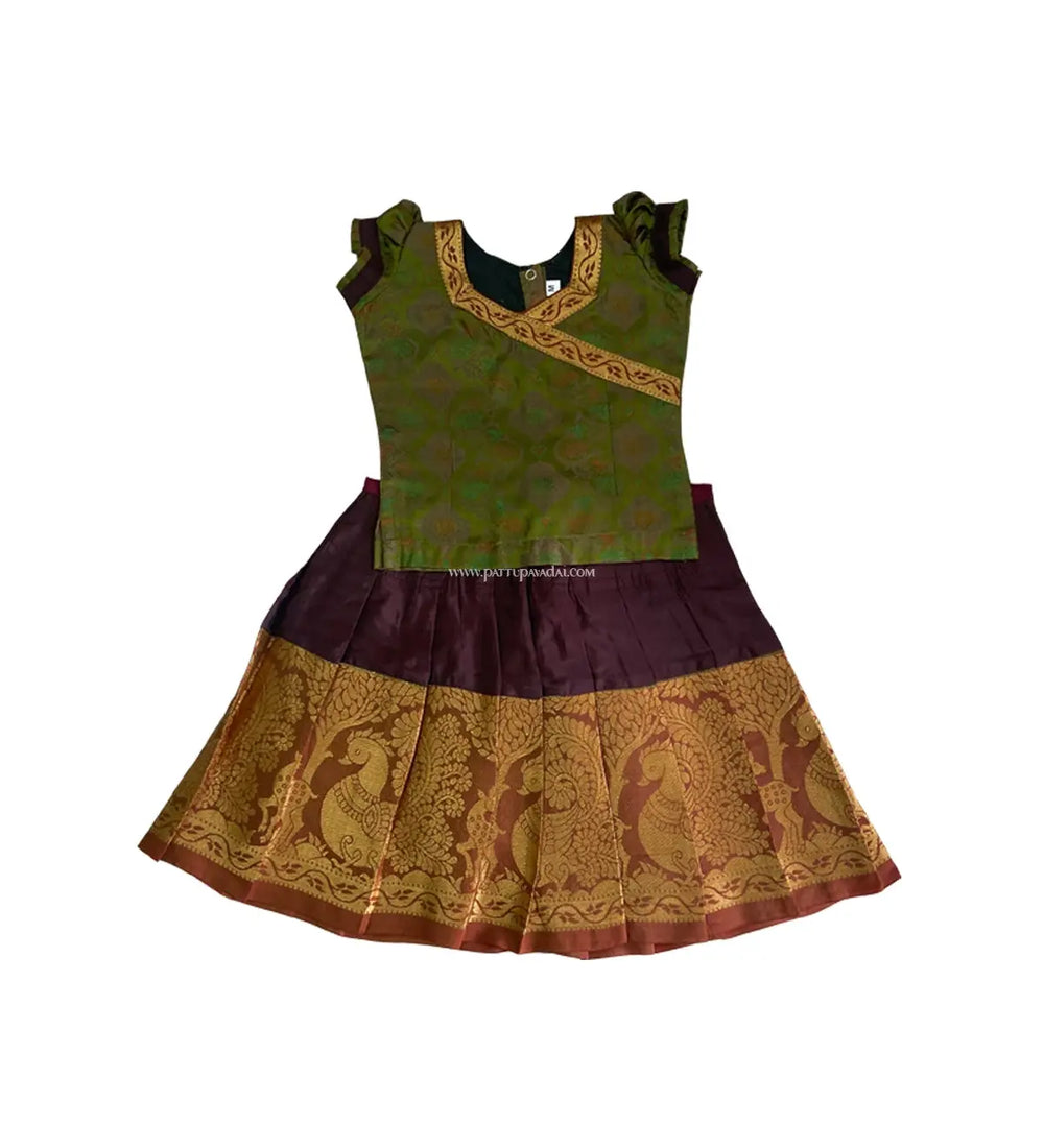 Kids Pure Silk Pavadai Green and Brown - Pattupavadai.com