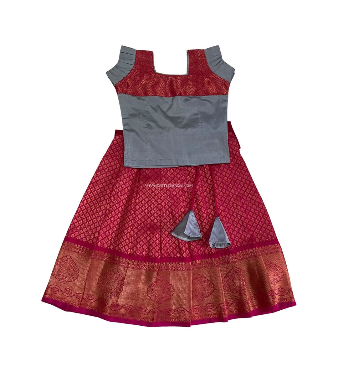 Kids Pure SIlk Pavadai Grey and Red - Pattupavadai.com