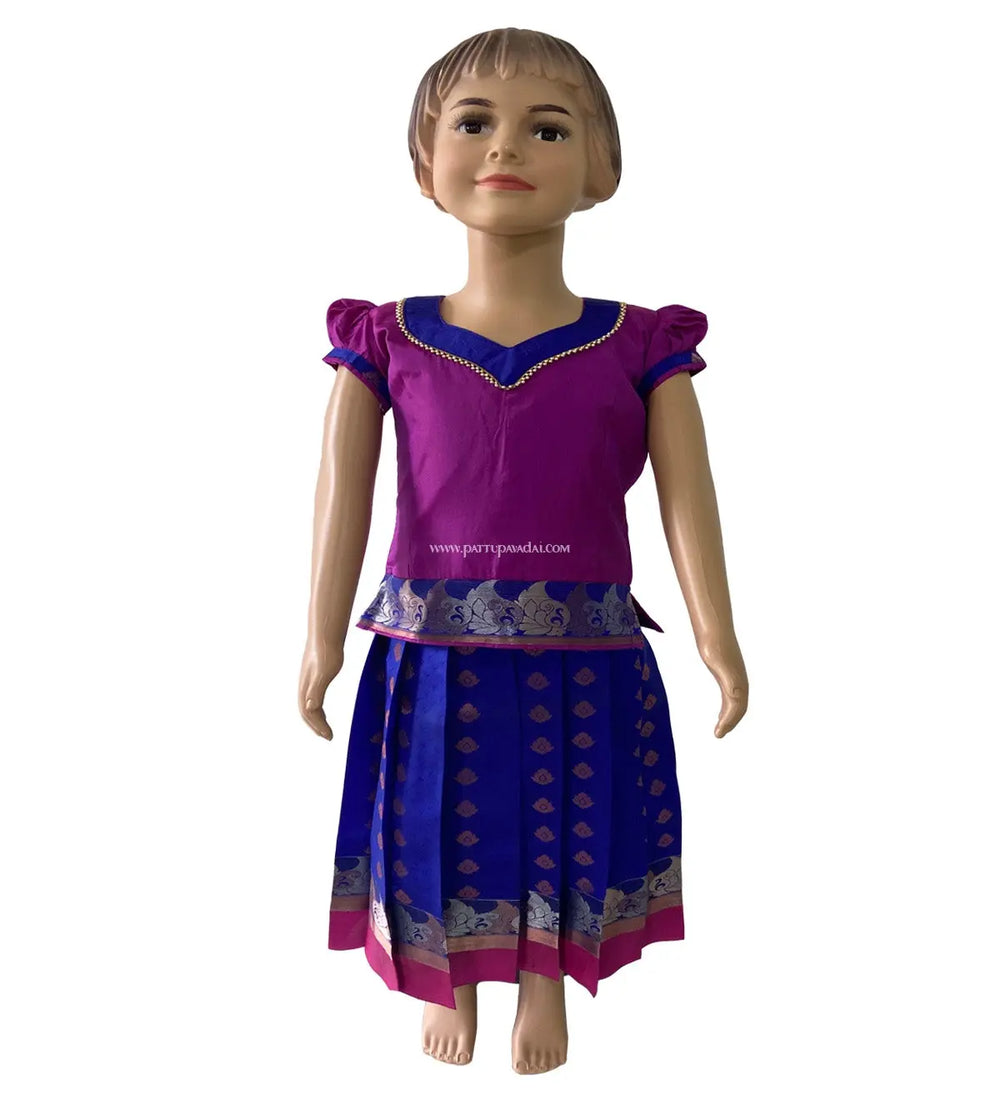 Kids Pure Soft Silk Pavadai Blue and Purple - Pattupavadai.com