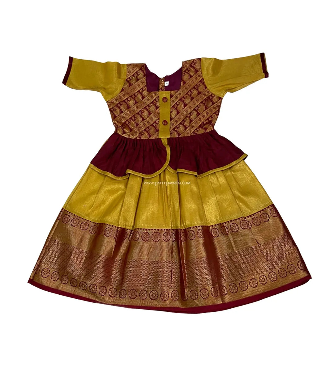 Kids Silk Long Gown Golden and Maroon - Pattupavadai.com