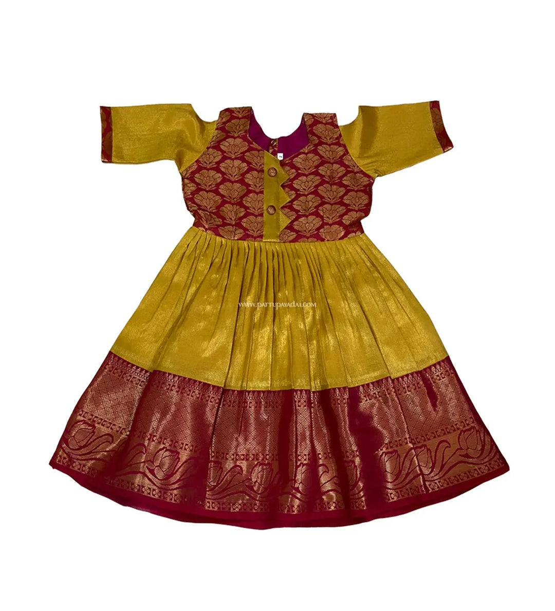 Kids Silk Long Gown Golden and Red - Pattupavadai.com