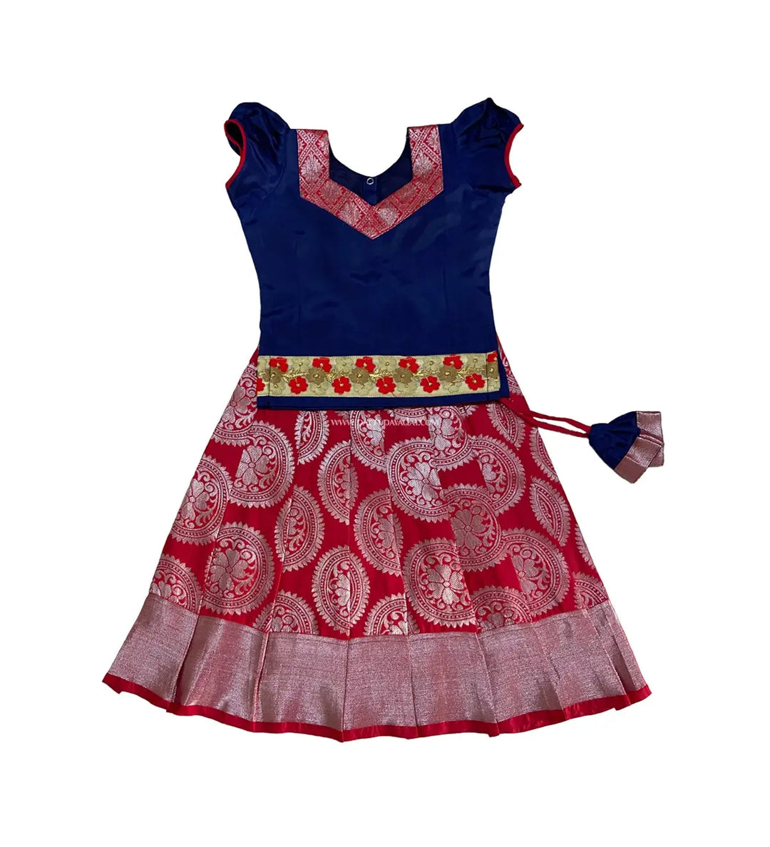 Kids Silk Pavadai Red and Navy Blue - Pattupavadai.com