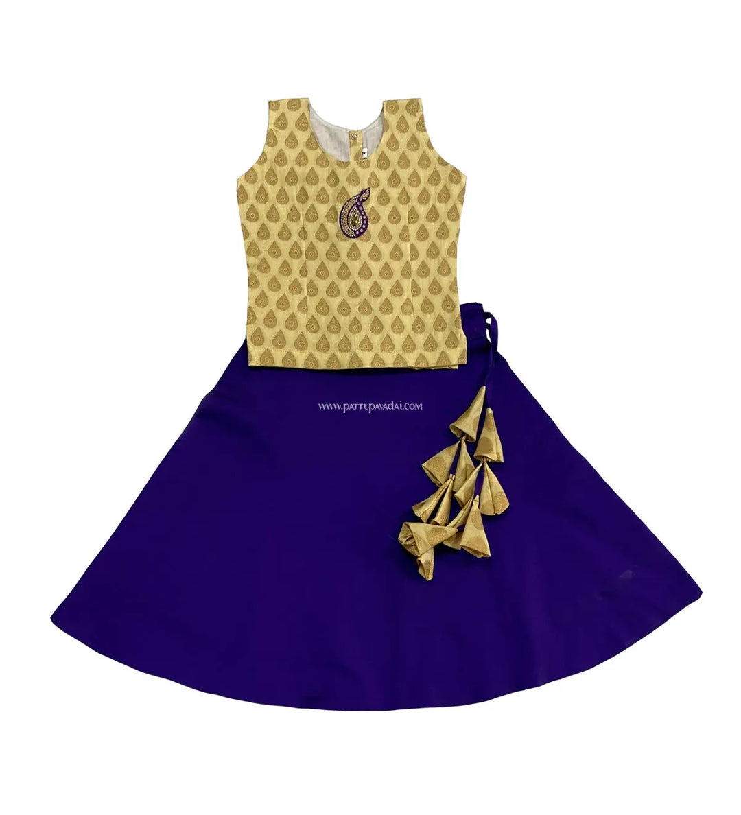 Kids Sleeveless Fancy Langa Cream And Violet - Pattupavadai.com