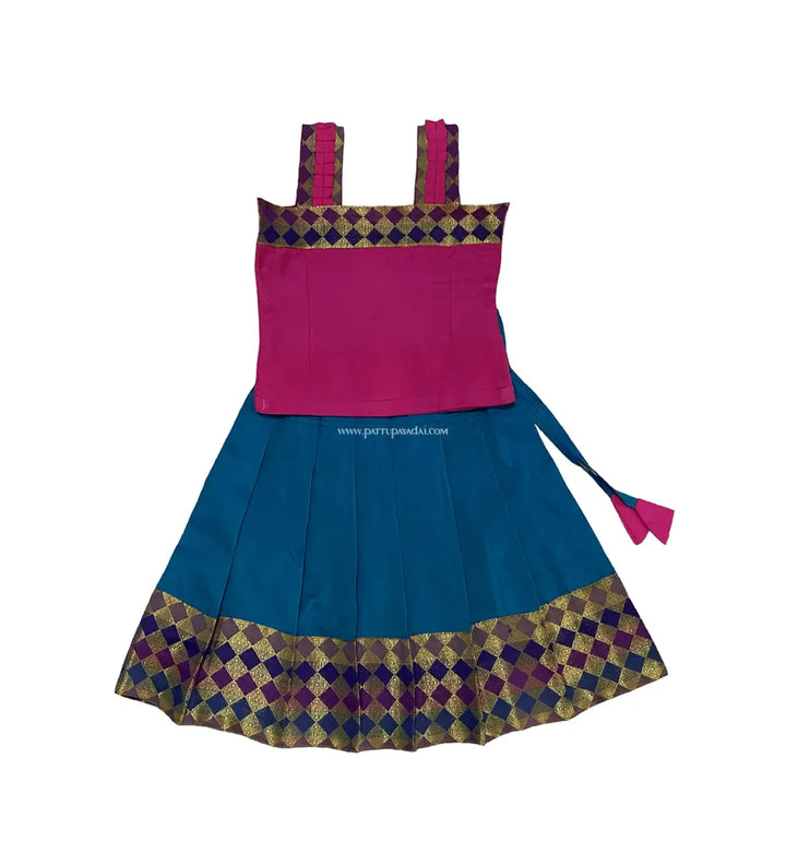 Kids Sleeveless Fancy Peacock Blue And Pink Langa - Pattupavadai.com