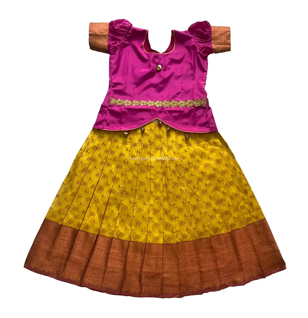 Kids Soft Silk Pavadai Pink and Yellow - Pattupavadai.com