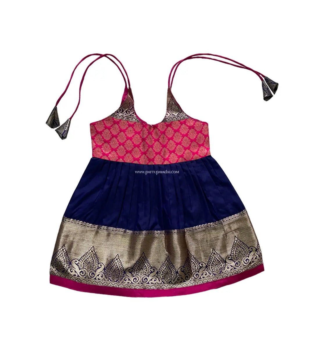 Knot Silk Frock Pink and Navy Blue - Pattupavadai.com