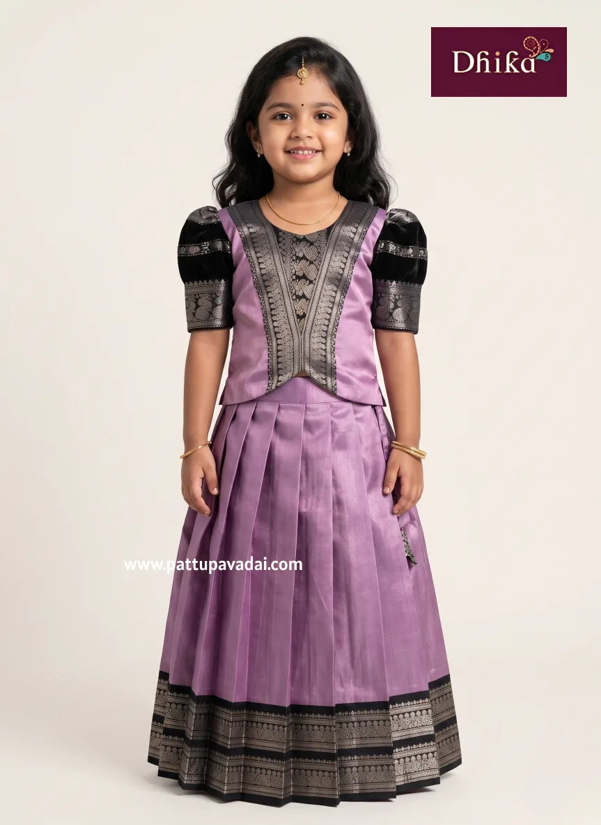 lavender black tissue silk pavadai set for girls
