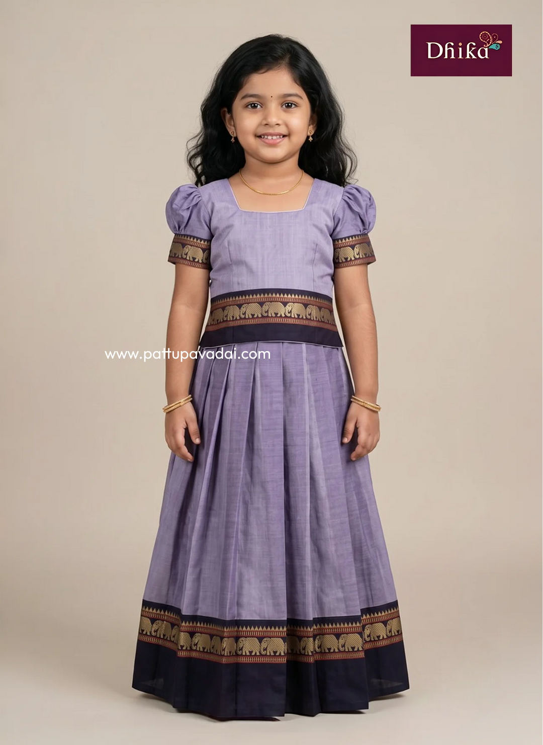 lavender and navy soft cotton pattu pavadai for girls front view