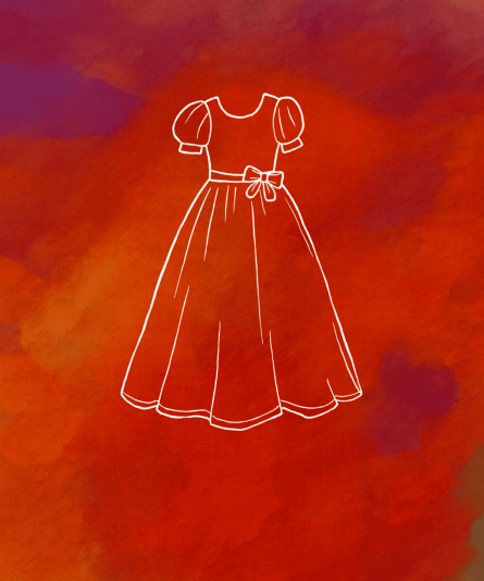 Outline of a dress on a red and orange watercolor background