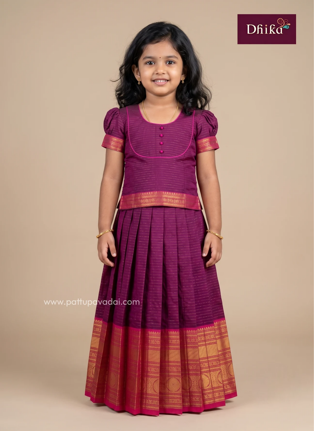 magenta and pink checked pure cotton pavadai