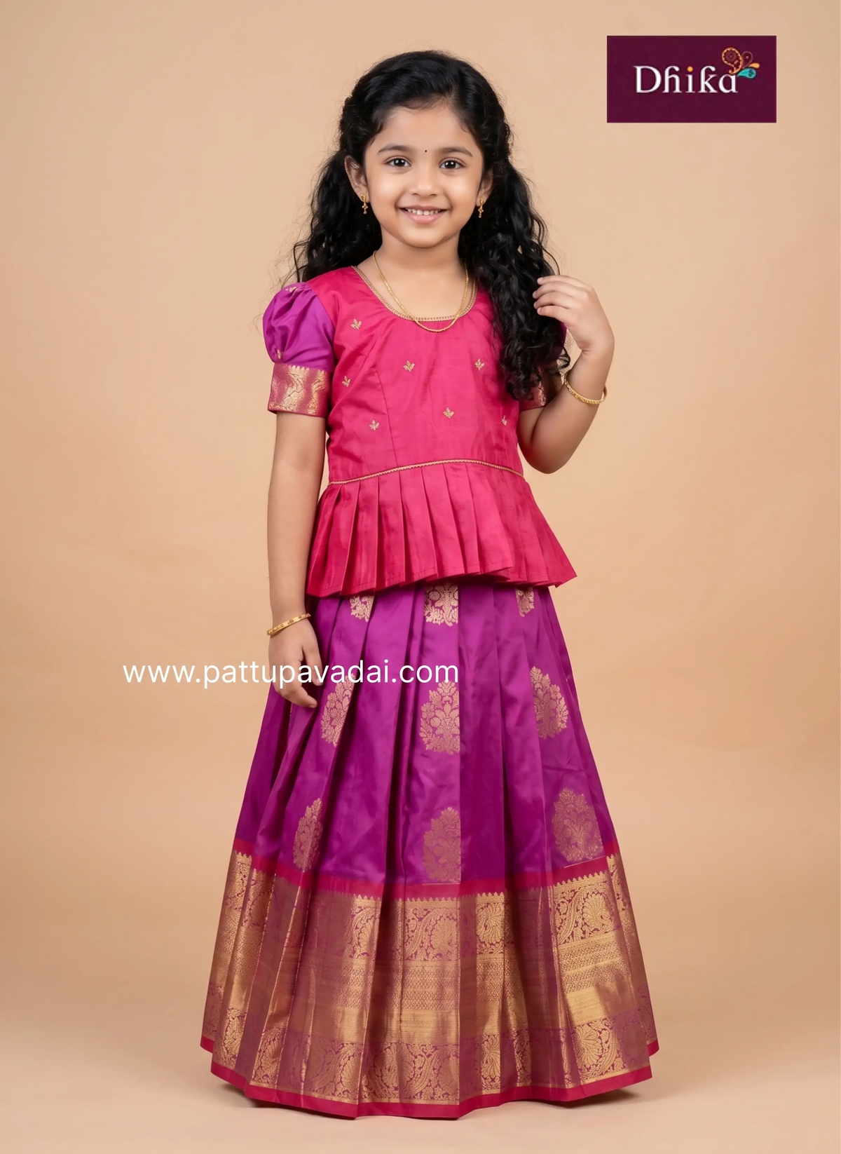 magenta semi kanchi pattu pavadai for girls traditional dress