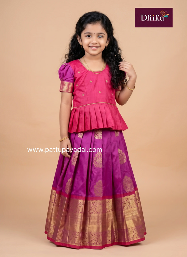 magenta semi kanchi pattu pavadai for girls traditional dress
