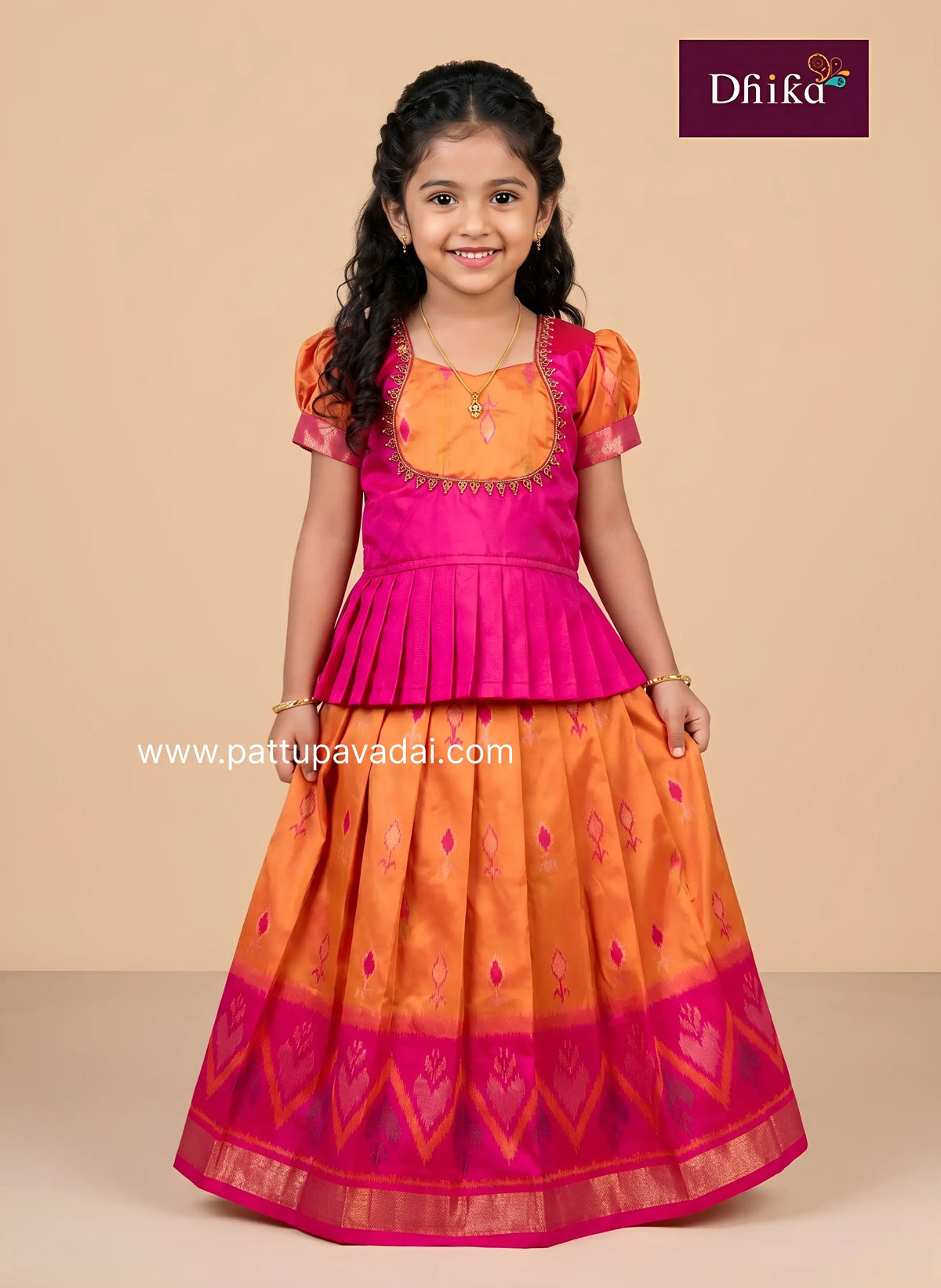 mango yellow pink ikkat silk pavadai with aari work for girls