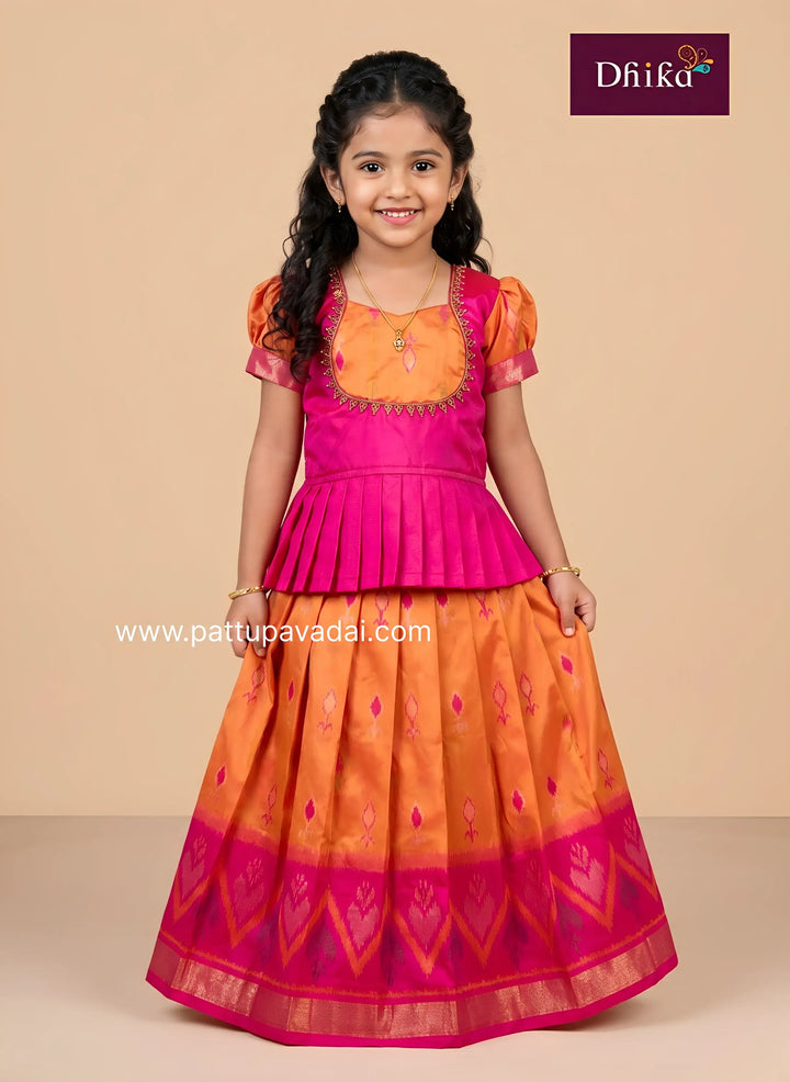 mango yellow pink ikkat silk pavadai with aari work for girls