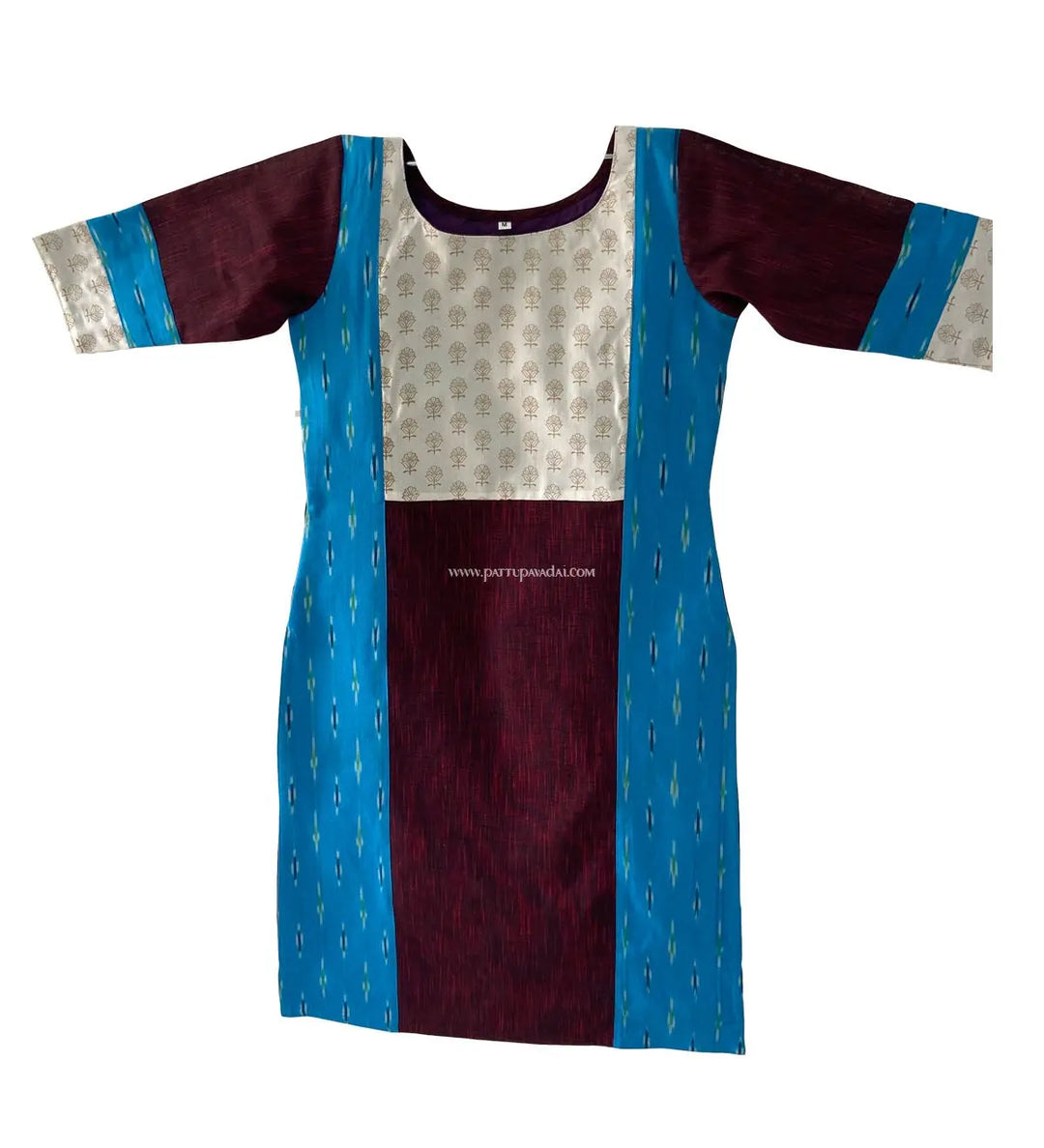 Maroon and Blue Cotton Kurti - Pattupavadai.com