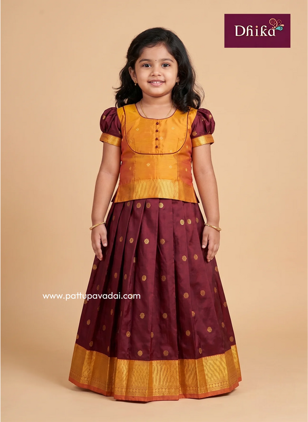 maroon and orange Semi Kanchi Pattu pavadai for girls