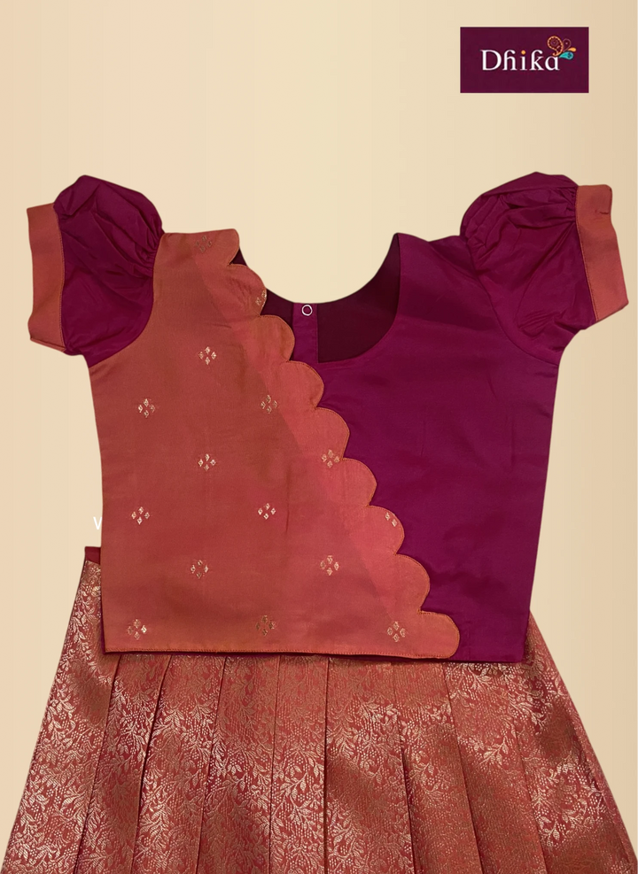 maroon and orangish pink soft silk pavadai for girls festive traditional look