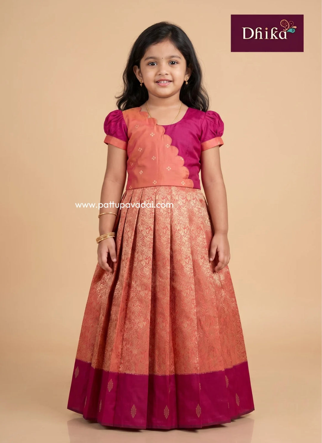 maroon and orangish pink soft silk pavadai for girls front view