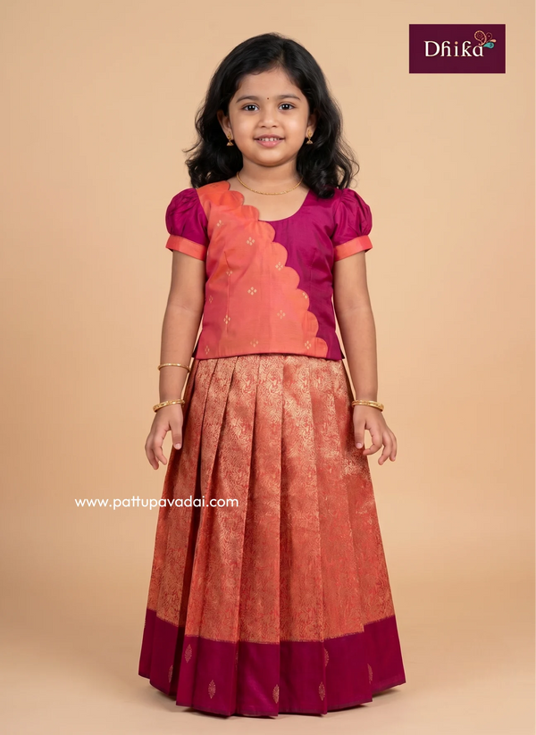maroon and orangish pink soft silk pavadai for girls front view