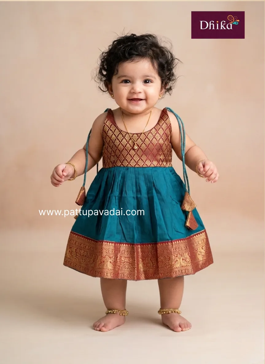 maroon and peacock blue silk frock for girls traditional party wear