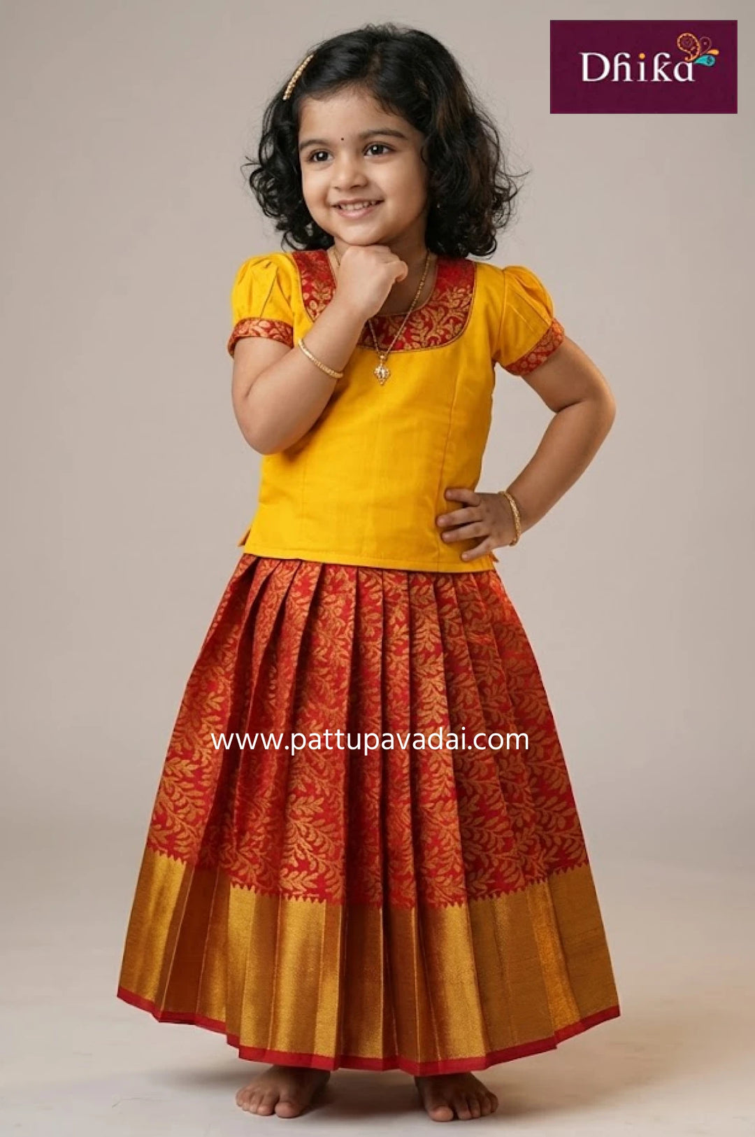 maroon and yellow semi kanchi pattu pavadai silk traditional festive wear for girls