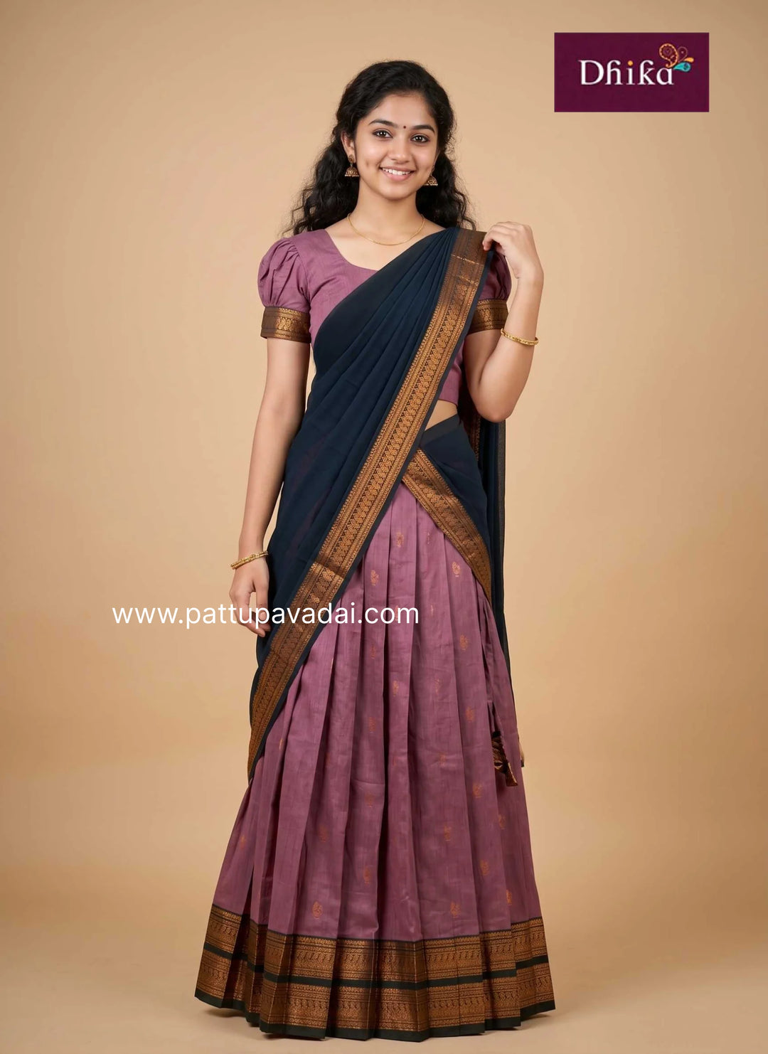 mauve pink cotton half saree for girls traditional festive wear