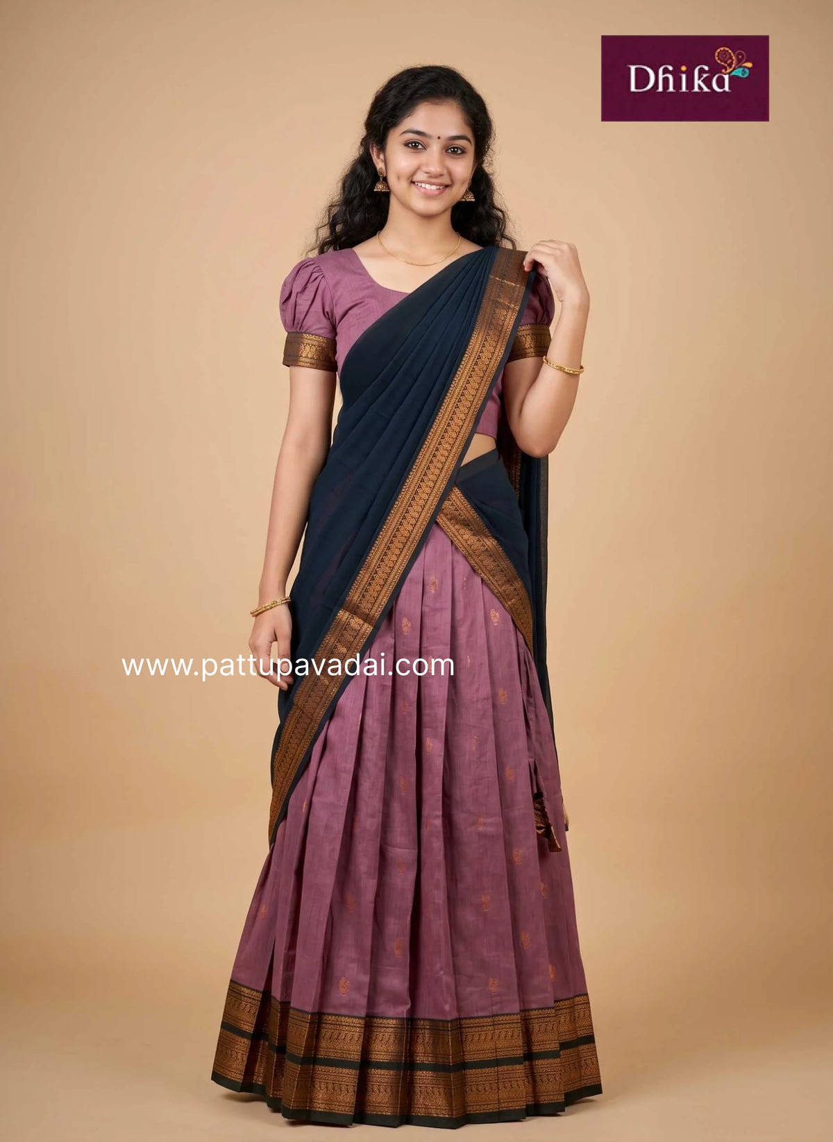 mauve pink cotton half saree for girls traditional festive wear