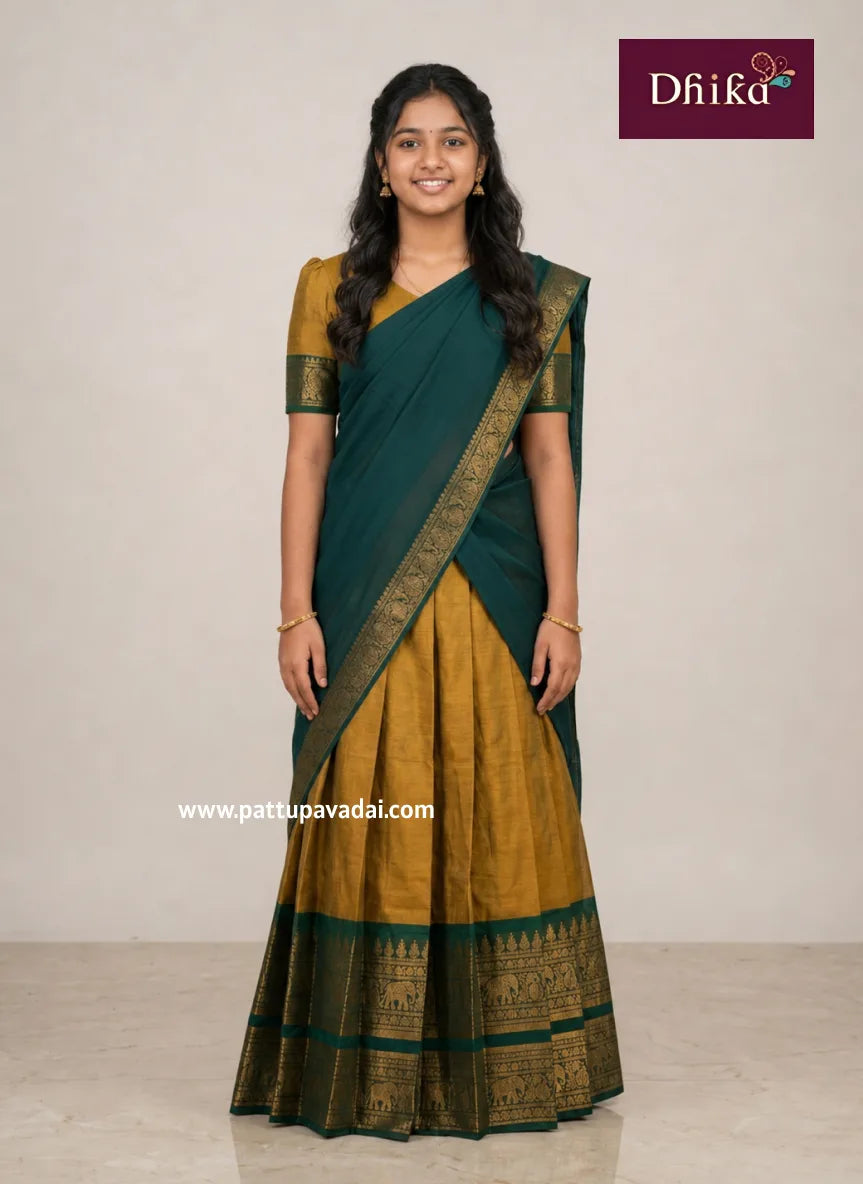 mehendi green kanchi cotton half saree for girls