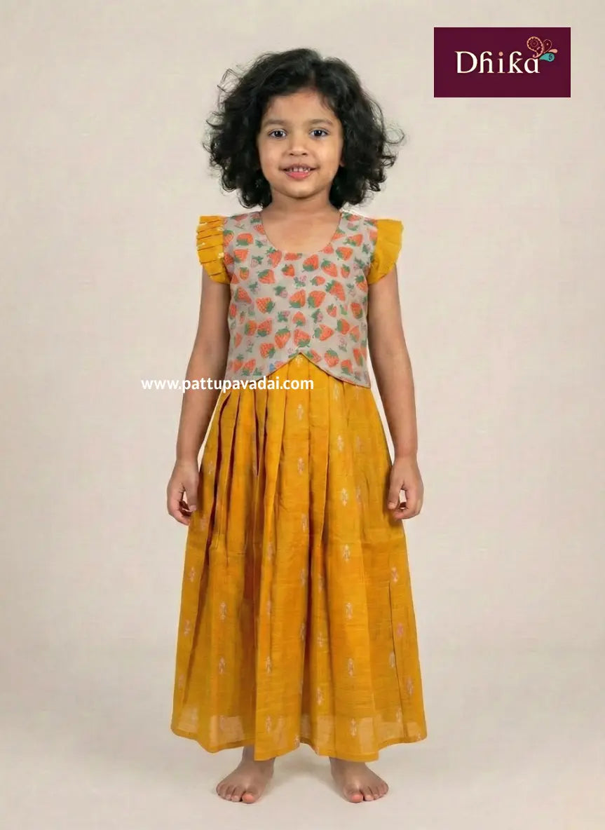 mustard raw silk pavadai sattai for girls traditional dress