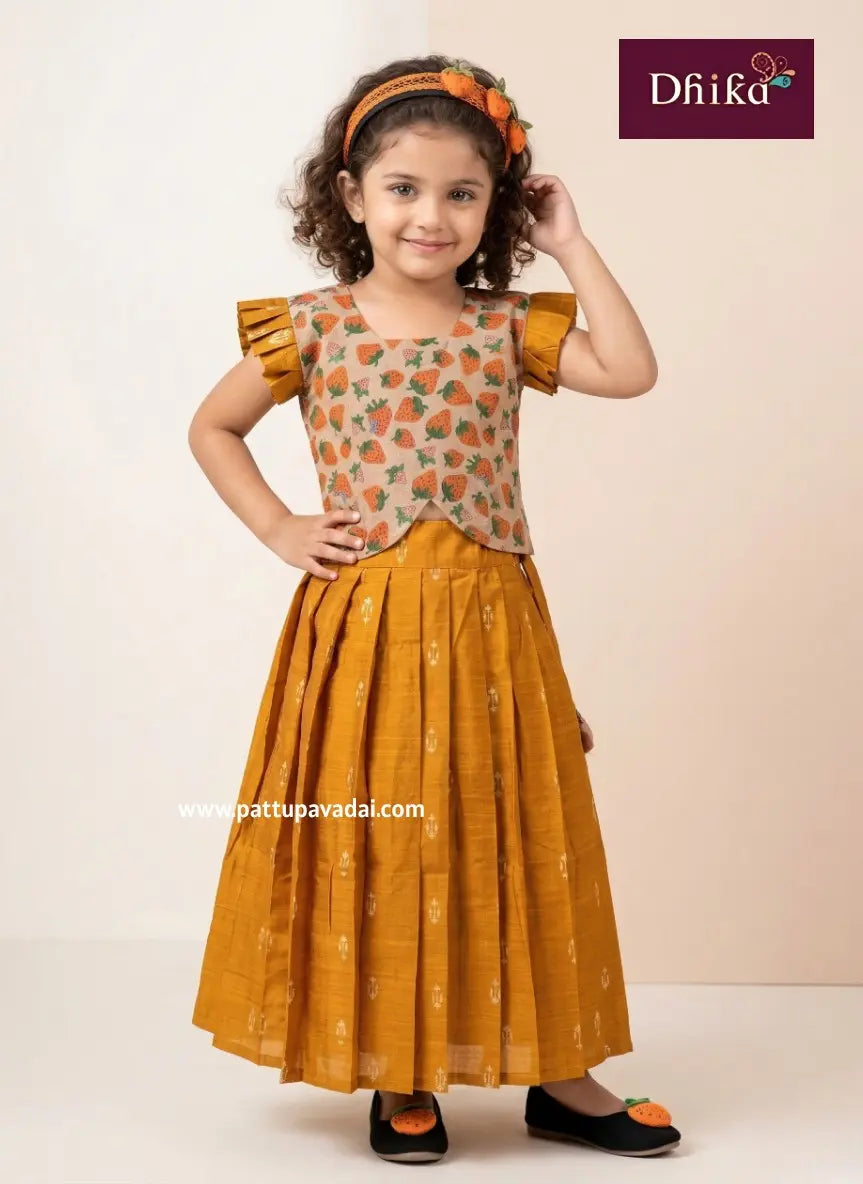 mustard raw silk pavadai sattai for girls traditional dress