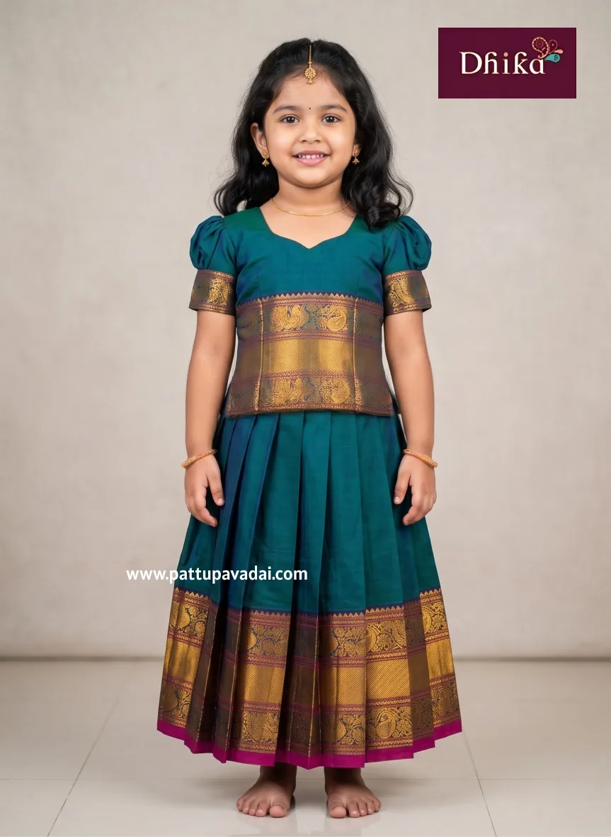 narayanpet peacock blue cotton pattu pavadai for girls traditional dress