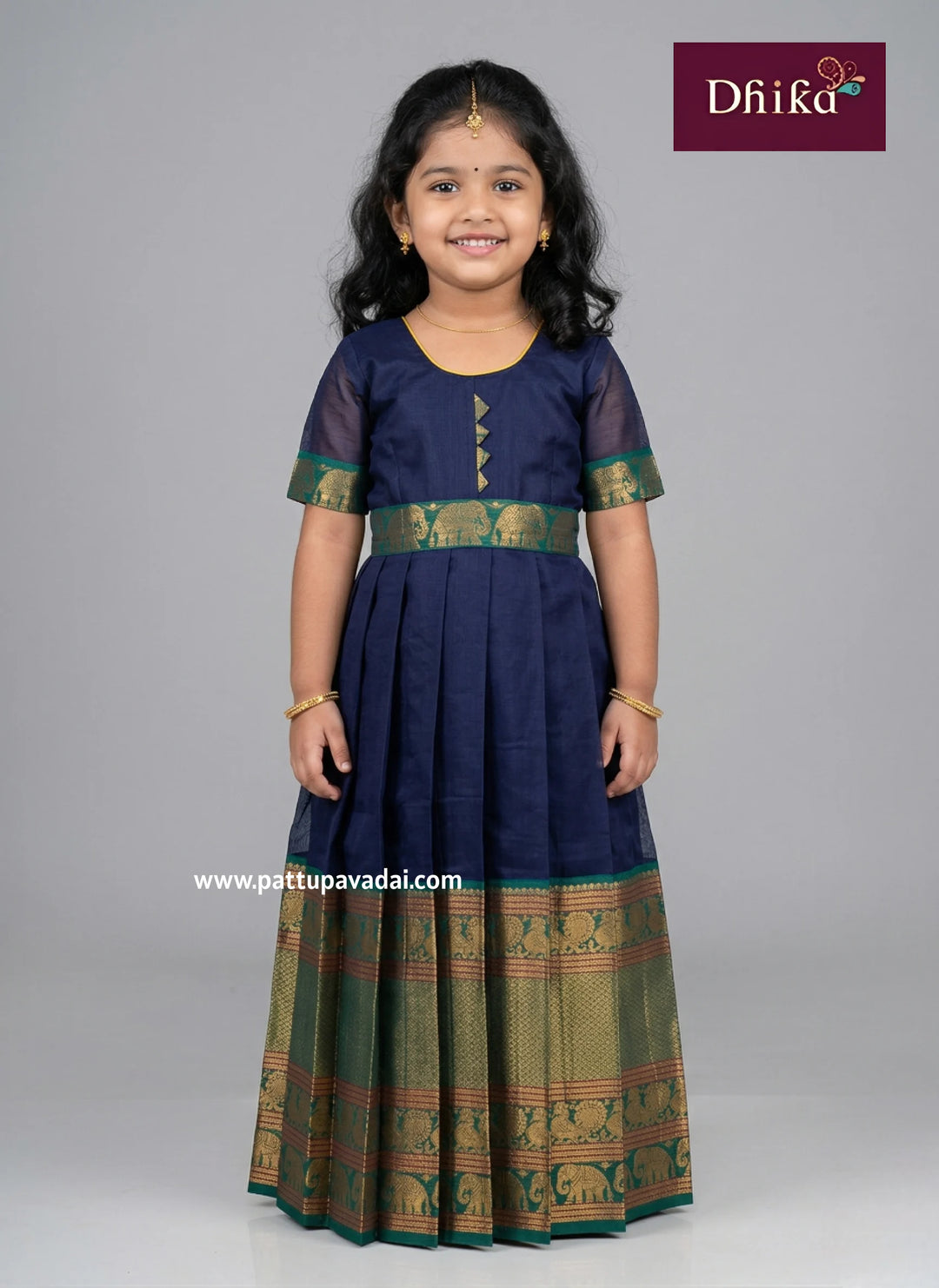 Navy blue pure Chettinad cotton long gown for girls elegant breathable ethnic kids wear dress