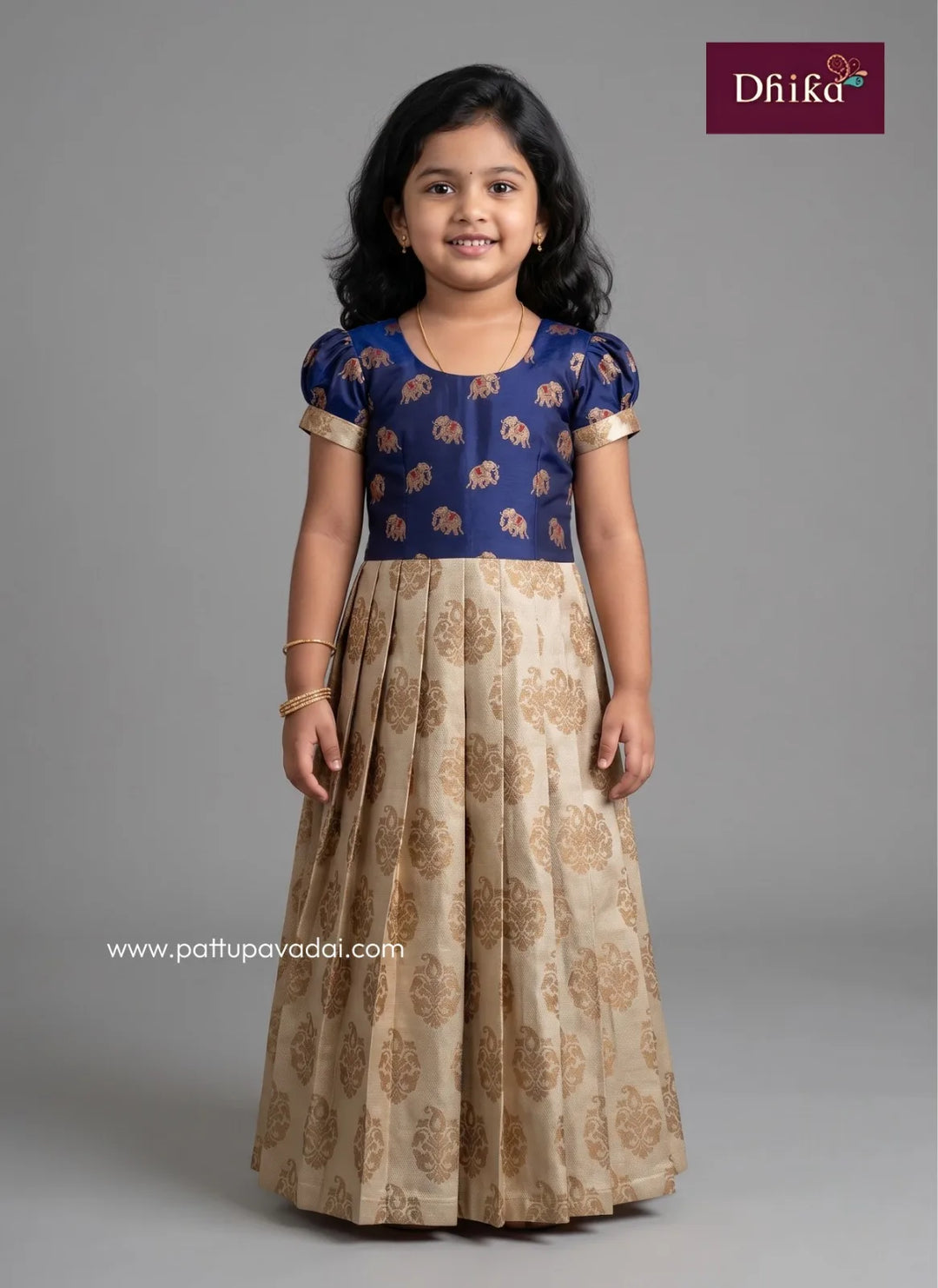navy blue and golden brocade pattu pavadai for girls front view