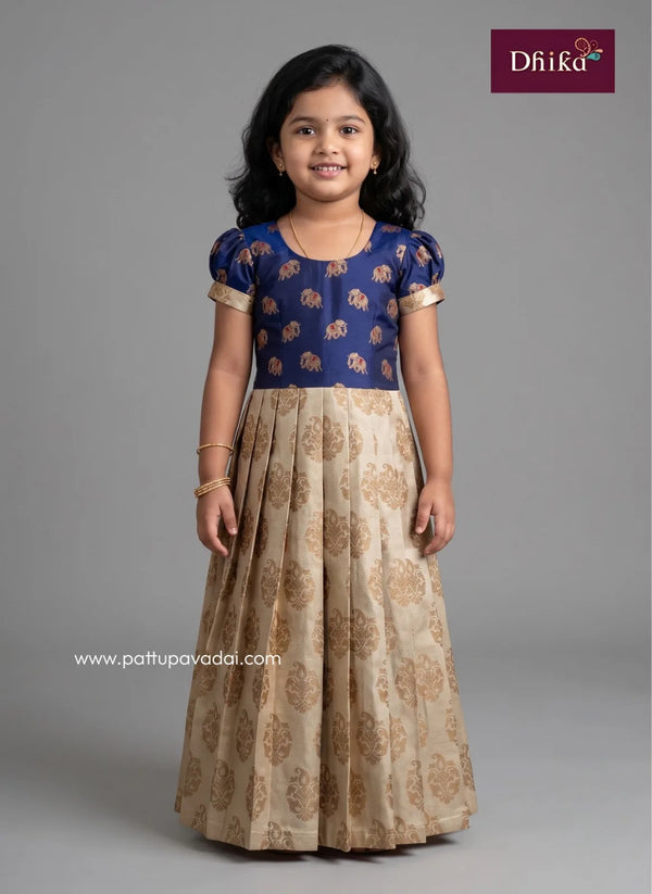 navy blue and golden brocade pattu pavadai for girls front view