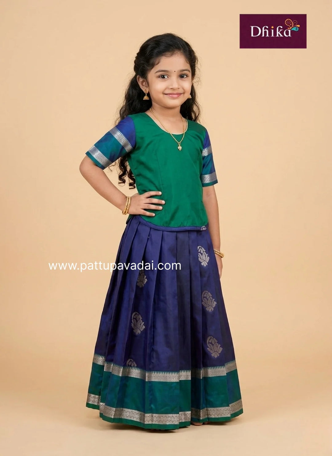navy blue green soft silk pavadai for girls traditional wear