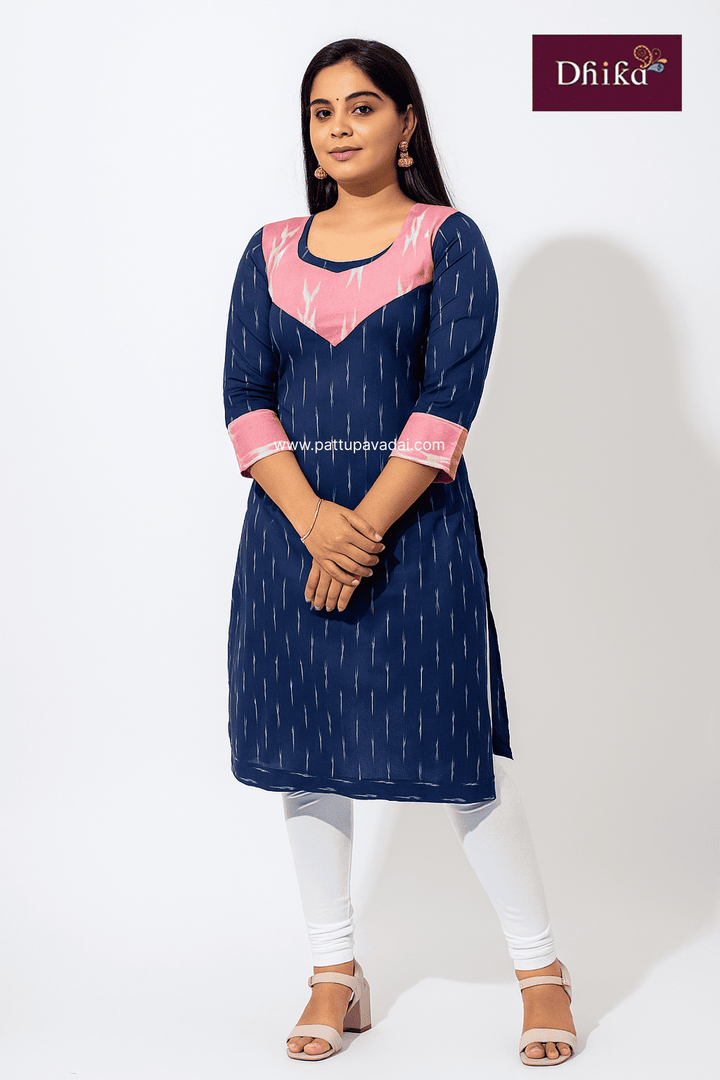 navy blue ikkat cotton kurti for kids soft breathable traditional wear