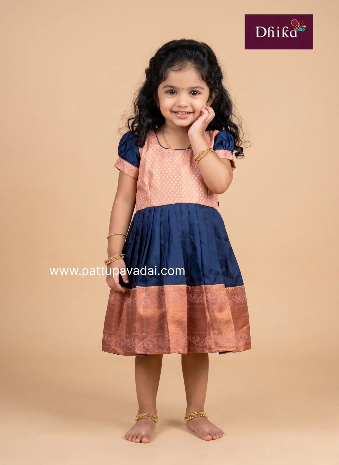 navy blue and peach semi silk frock for girls party wear dress