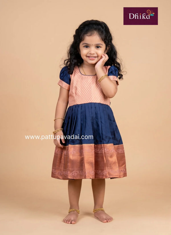 navy blue and peach semi silk frock for girls party wear dress