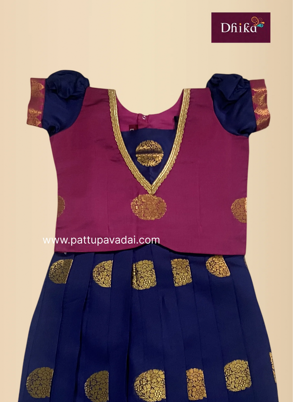 navy blue and pink soft silk pavadai for girls festive traditional outfit