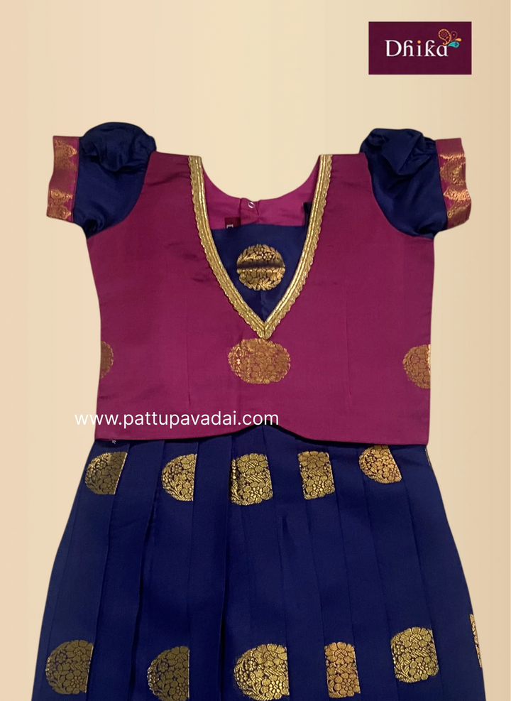 navy blue and pink soft silk pavadai for girls festive traditional outfit