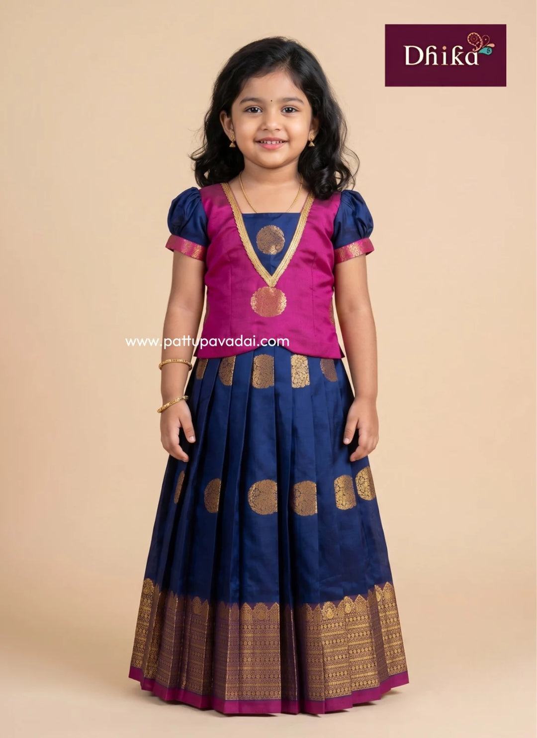 navy blue and pink soft silk pavadai for girls front view